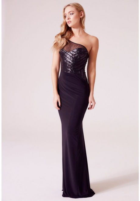 Revie Sophia One Shoulder Sequin Maxi Dress in Black