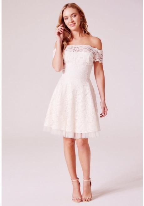 Tessa Off The Shoulder Lace Skater Dress In Cream Mini