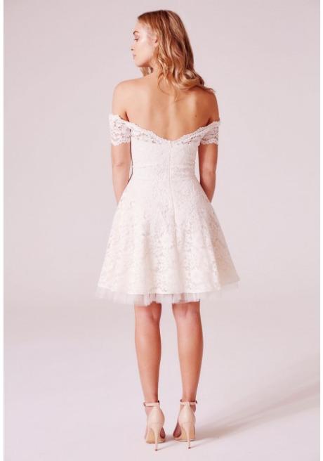 Tessa Off The Shoulder Lace Skater Dress In Cream Mini