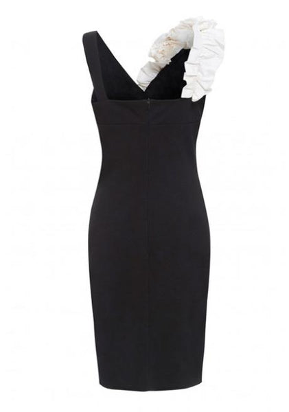 Amy V Neck Flower Detail Midi Dress In Black